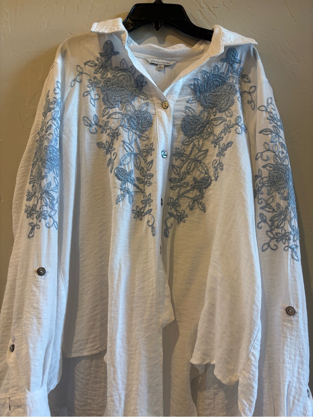John Mark White Button-Down Shirt with Light Blue Floral Embroidery